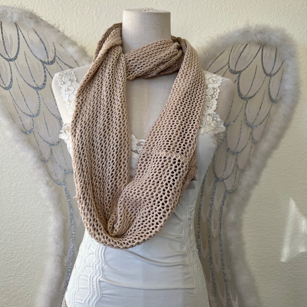 Crochet Open Knit Infinity Scarf Cowl Neck Tan‎ Beige Neutral Cozy Chunky Boho